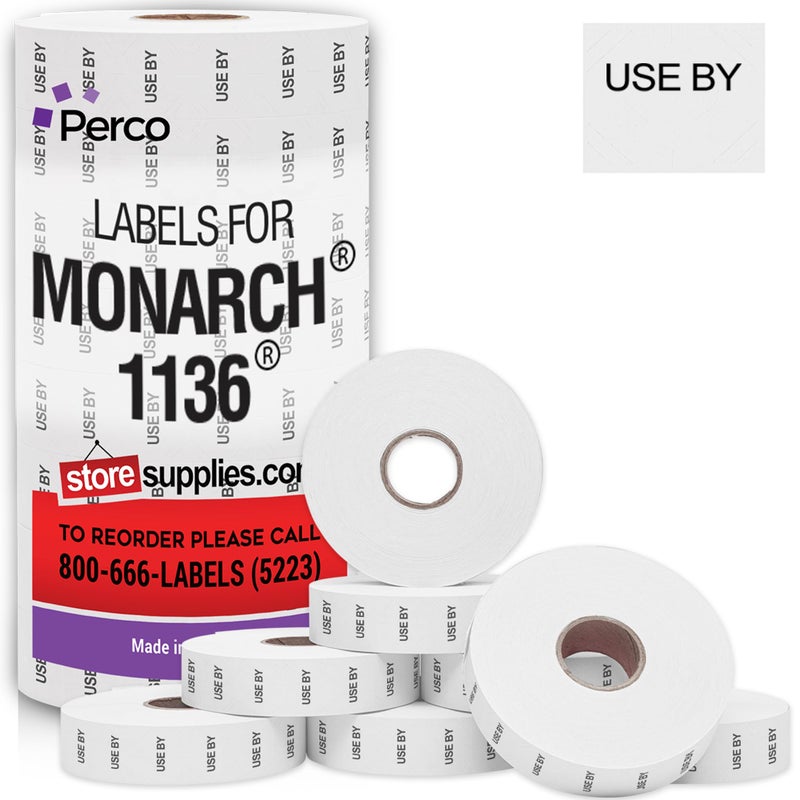 Perco USE by Labels for Monarch 1136 Price Gun - 8 Rolls, 14,000 Marking Labels - with Bonus Ink Roll Included - Image 1